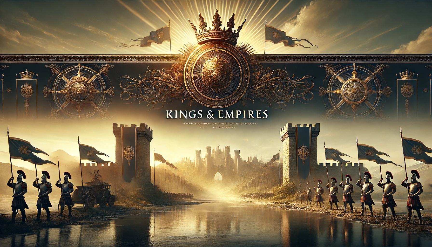 Kings & Empires._ Show an epic, ancient landscape with a grand stone fortress atop a hill, lar